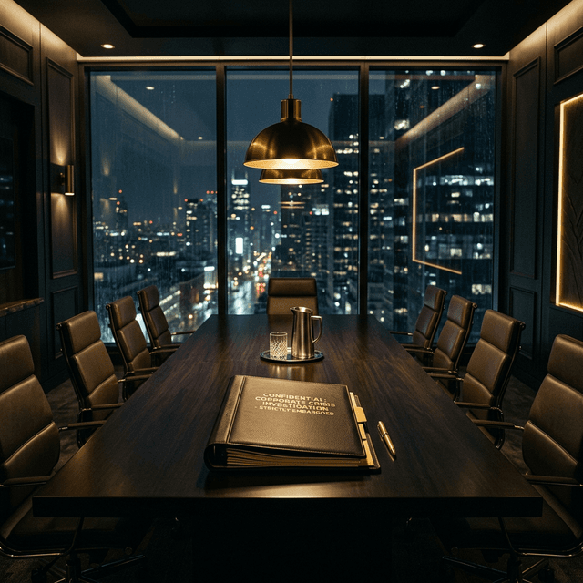 Boardroom with confidential investigation report