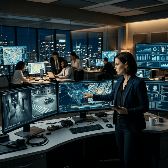 Private investigator working at an office with screens