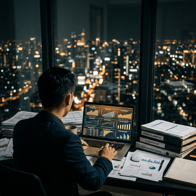 Financial analysis with charts and night cityscape
